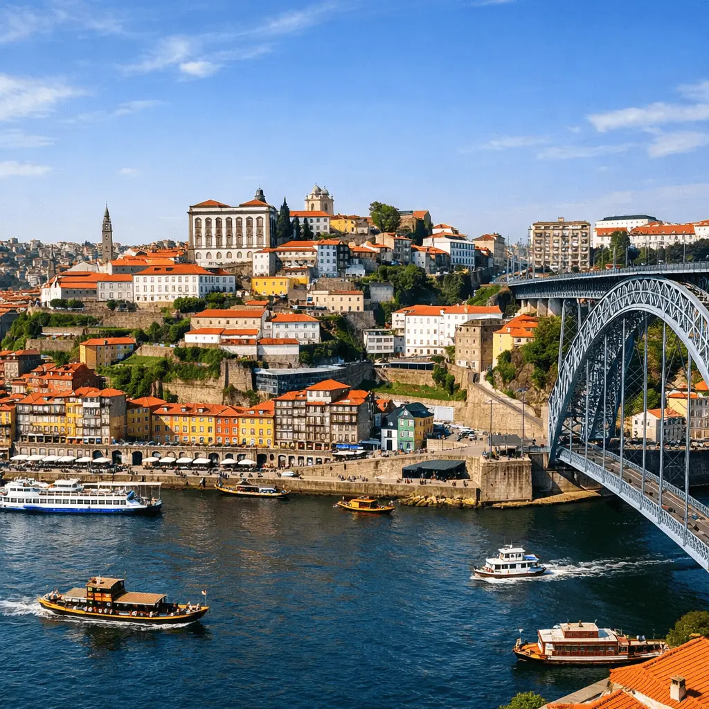 Vista panorâmica do centro histórico do Porto com a Ponte Dom Luís I, o Rio Douro e barcos rabelos navegando em dia ensolarado
